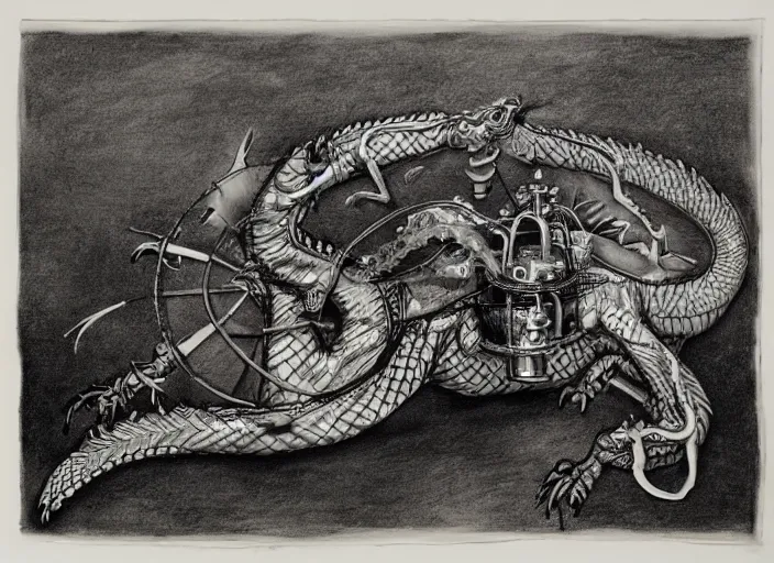 Prompt: pen and ink drawing, real dragon with steam punk apparatus strapped to it, white background, Olivia Kemp, julia Hill