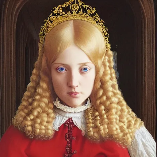 Image similar to blonde victorian princess, hyperrealism, concept art, jan van eyck