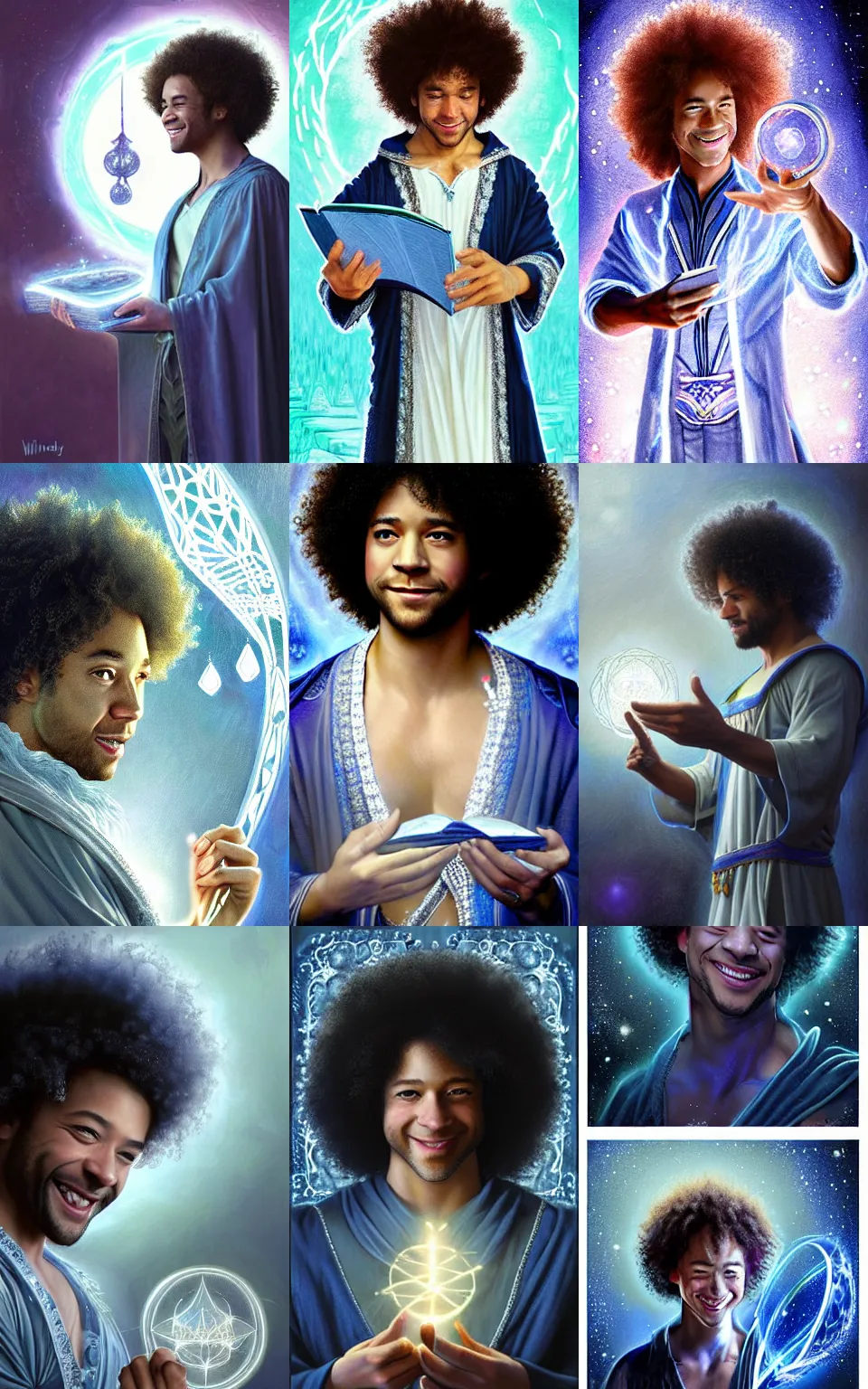 Prompt: character concept portrait of happy Corbin Bleu as wizard enchanting a ring, a floating spell book in the center, intricate, moon-light glow, intricate silver-embroidered indigo robes, elegant, digital painting, concept art, smooth, sharp focus, illustration, from Metal Gear, by Ruan Jia and Mandy Jurgens and William-Adolphe Bouguereau, Artgerm