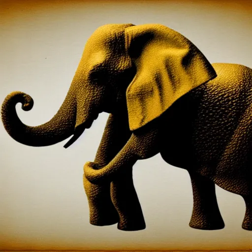 Image similar to a pixelated 1 bit elephant, behind the elephant is a golden sword.