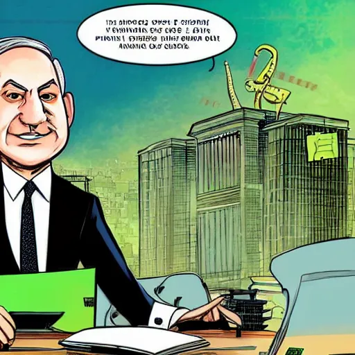 Image similar to A portrait of Benjamin Netanyahu as a green villain sitting in his office, money-themed, by Jim Lee, comic illustration, detailed