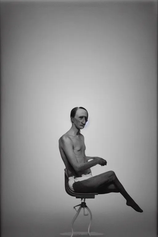 Image similar to a minimalist portrait of Marcel Duchamp connected to an ancient machine in the style of Annie Leibovitz, Irving Penn, Hito Steyerl, Shinya Tsukamoto, Saâdane Afif, Pieter Hugo, Shrigley line drawing and 35mm film, wide angle, monochrome, futuristic tetsuo