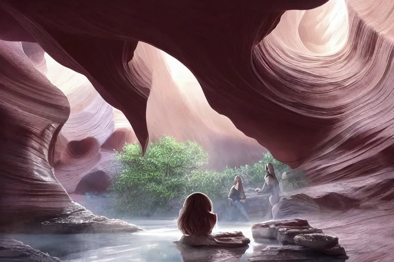 Prompt: collection of beautiful celestial females exposed in cryo chambers relaxing at Antelope canyon, with rocks formed by water erosion, walls made of beautiful smooth sandstone light beams that shine, polish narrow slots of walls into a striated swirling finish, digital painting, concept art, smooth, sharp focus, from Star Trek 2021, illustration, by WLOP and Ruan Jia and Mandy Jurgens and William-Adolphe Bouguereau, Artgerm