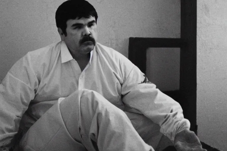 Image similar to el chapo is meditating in the middle of a prison cell. he has 8 wives. 35 mm