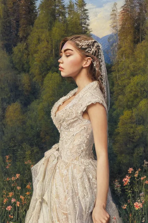 Prompt: a highly detailed, beautiful painting of a madison beer in the green hills of austria, full body in view, in a intricate wedding dress, blonde hair, symmetrical face, beautiful eyes, realistic, 8 k, award winning art, natural lighting art by zatzka, hans and makovsky, nikolay and ronner - knip, henriette