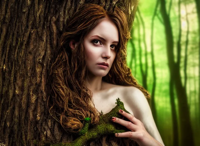 Prompt: a portrait of a real woman growing from a tree, in a magical forest. Fantasy magic horror style. Highly detailed 8k. Intricate. Nikon d850 55mm. Award winning photography.