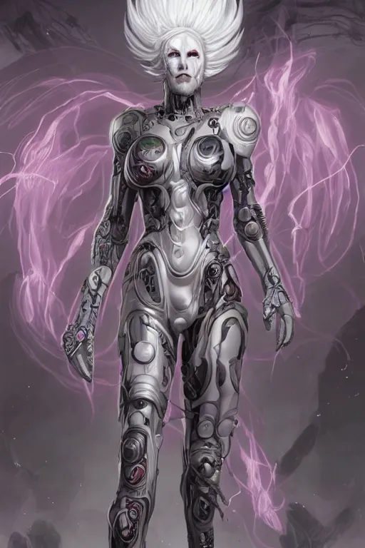 Image similar to comic art,Sprial, a gorgeous beautiful female six-armed Mutant and Cyborg Sorcerer with white hair long legs standing at a dimensional gateway,full character design,8k,art by Stanley Artgermm,Travis Charest,trending on Artstation,face enhance,hyper detailed,full of colour,cinematic,dynamic lighting