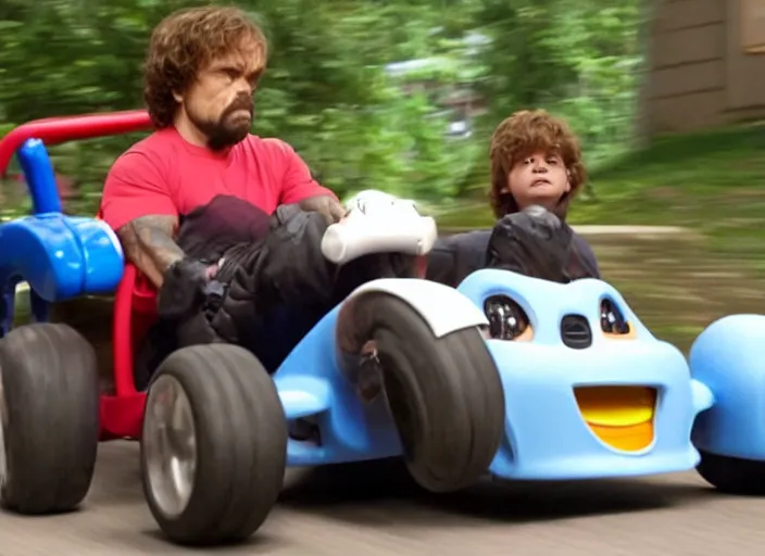 Image similar to peter dinklage racing vin diesel driving a little tikes cozy coupe, movie still, from the new gone in 6 0 seconds movie, 8 k, realistic