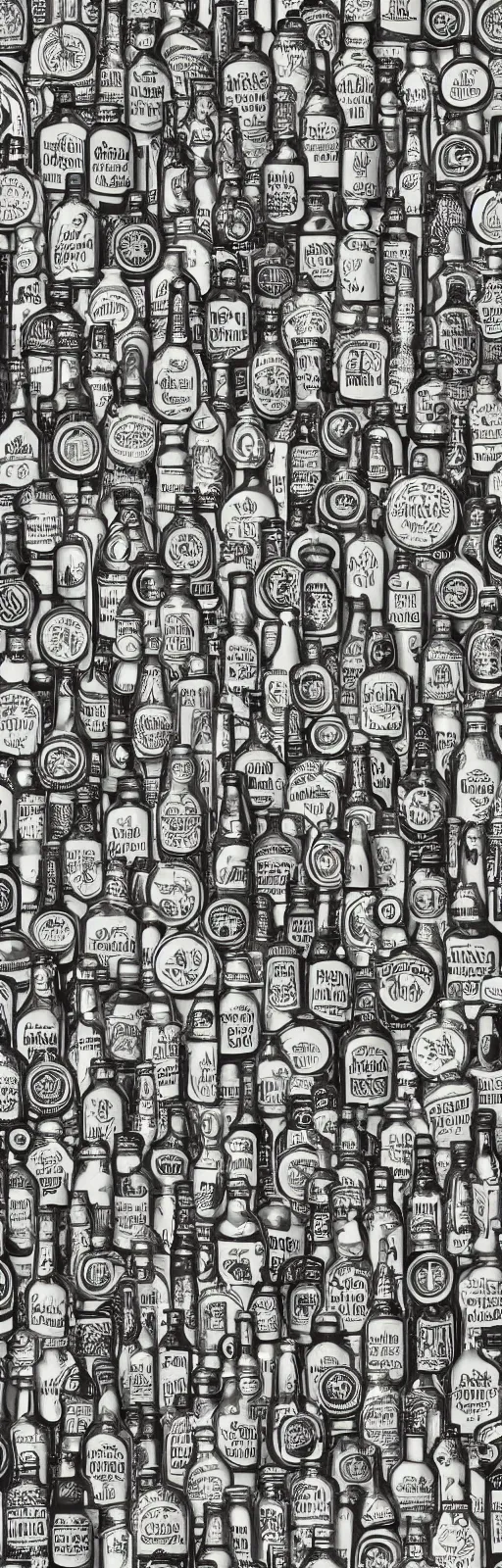 Image similar to repeating pattern of stylized beer bottles, extremely detailed and intricate, monochromatic