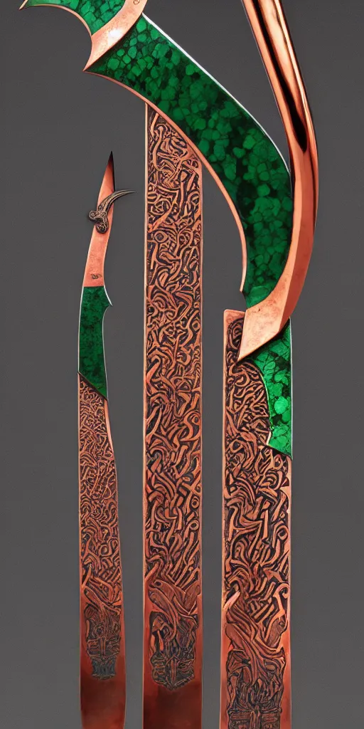 Image similar to a curved sword in the style of zdzisław beksinski, elegant, copper and emerald inlay, brilliant