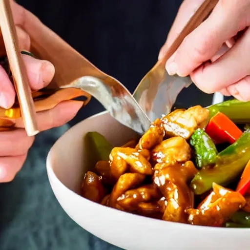 Image similar to anonymous man eats meal at home of thai sweet and sour pork stirfry