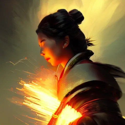 Prompt: beatiful female samurai in front of sparks and smoke in the style of Raymond Swanland, cinematic, artstation