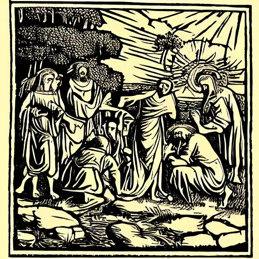 Prompt: Biblical scenes woodcut