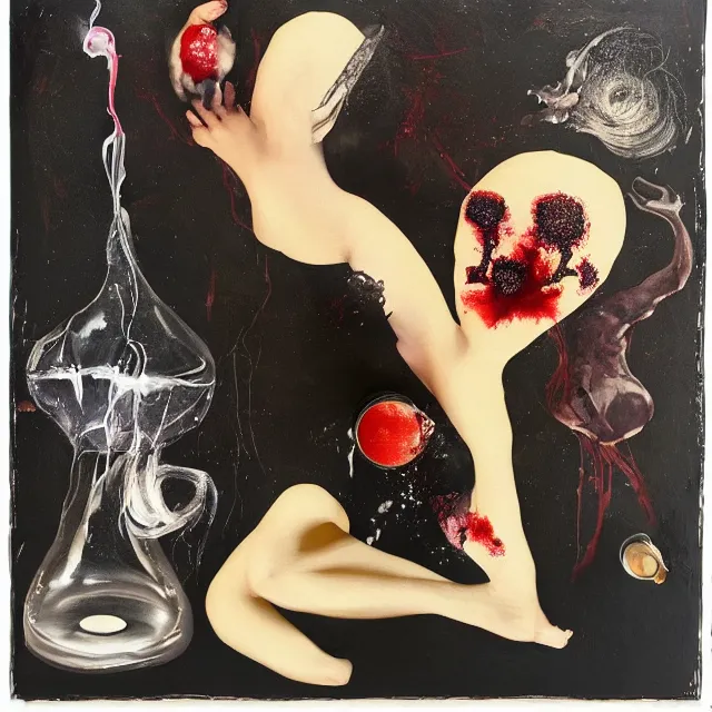 Prompt: sensual female painting, yoga, pancakes, fire smouldering, tattoo, midnight, dark, black background, wet, moonlight, berries, octopus, surgical supplies, mushrooms, plants with roots in scientific glassware, fungus, candle dripping white wax, berry juice drips, neoexpressionism, surrealism, acrylic and spray paint and oilstick on canvas