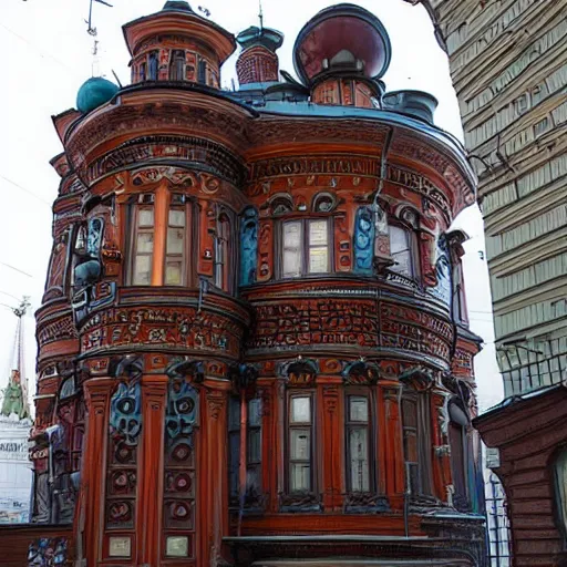 Prompt: Steampunk panel house, Moscow, Russia