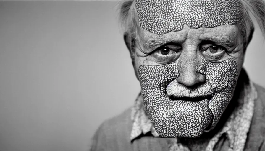 Image similar to 7 0 s movie still of a old man with trypophobia eyes, cinestill 8 0 0 t 3 5 mm, heavy grain, high quality, high detail