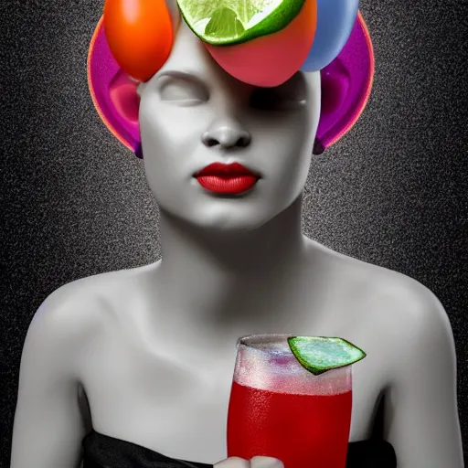 Image similar to close - up of a 3 d white marble human head holding a coctail, colorful coctail, digital illustration, 3 d render, above the waist