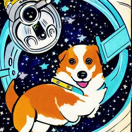 Prompt: a corgi puppy piloting a spaceship through the stars, vintage comic book art