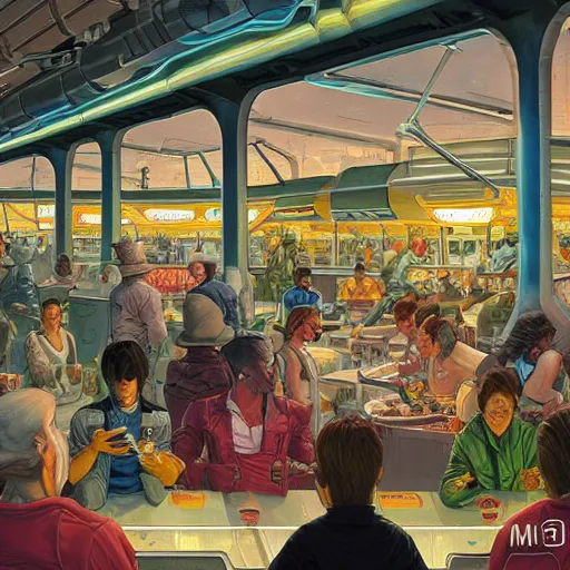 Image similar to food court at a crowded space station, michael whelan, cyberpunk, retrofuture, illustration