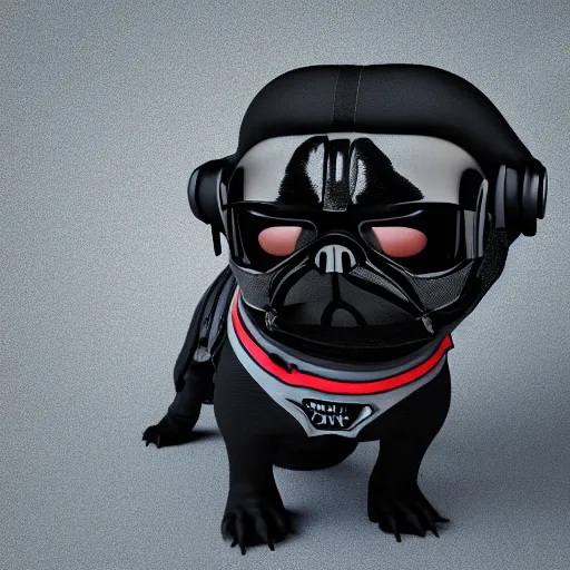 Prompt: 3 d rendered hyper realistic hyper detailed black pug wearing a pug - shaped darth vader helmet, octane render, blender, 8 k