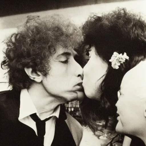 Prompt: bob dylan kissing the queen of england, photograph, high detail