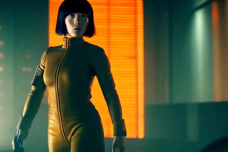 Image similar to major motoko wearing an orange prison jumpsuit, photography by fred palacio medium full shot still from bladerunner 2 0 4 9, sci fi, bladerunner, canon eos r 3, f / 3, iso 2 0 0, 1 / 1 6 0 s, 8 k, raw, unedited