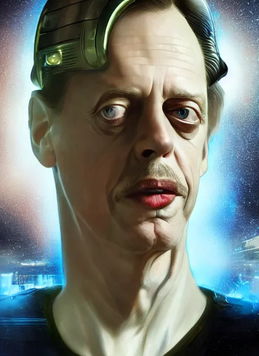 Prompt: steve buscemi as an android in a vintage scifi movie, portrait, high quality, 8 k, soft lighting, realistic face, path traced, by frank frazetta, simon bisley, brom