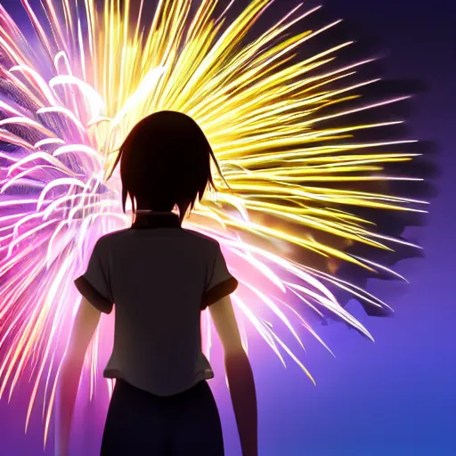 Image similar to Anime girl staring at fireworks, cinematic, Pixar