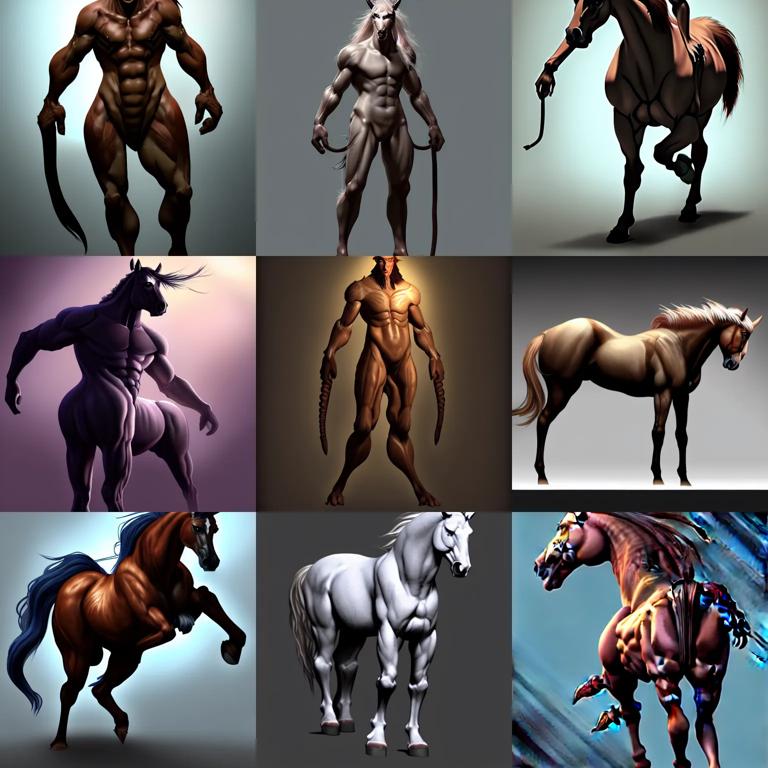 Prompt: studio photo of a dramatic lighting, character design of a horse human hybrid monster, centaur trending on artstation. monster character, human