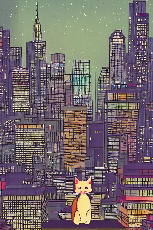 Image similar to cat overlooking bustling downtown city at night, pixel digital artstyle HD