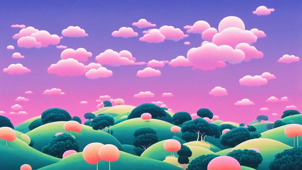 Image similar to a beautiful hilly landscape. little trees. evening sky. pink puffy cotton candy clouds. evening light. chiho Aoshima.