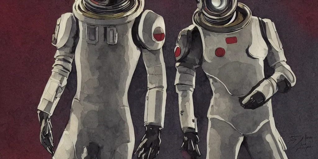 Prompt: male, full body, modern space suit, intriguing helmet, very stylized character design, the expanse tv series, large shoulders, short torso, long thin legs, tiny feet, science fiction, hyperdetailed, technical suit, dieselpunk, watercolor digital painting, in the style of mike mignola, by alex maleev, jean giraud