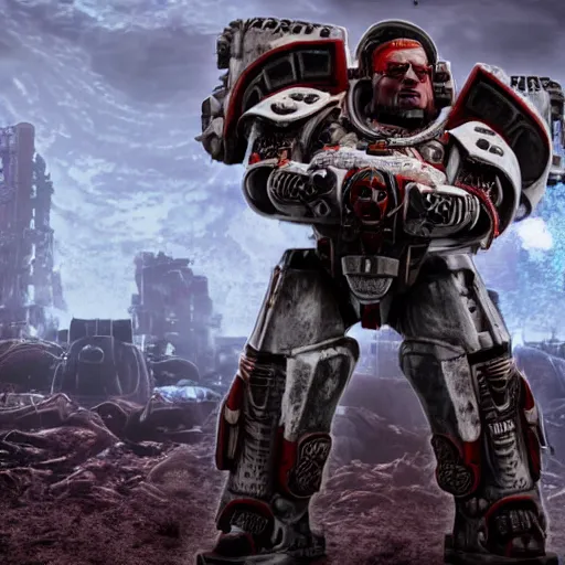 Image similar to Portrait of Hank Hill as the emperor of humanity from warhammer 40k in Gears of War, splash art, movie still, cinematic lighting, dramatic, octane render, long lens, shallow depth of field, bokeh, anamorphic lens flare, 8k, hyper detailed, 35mm film grain