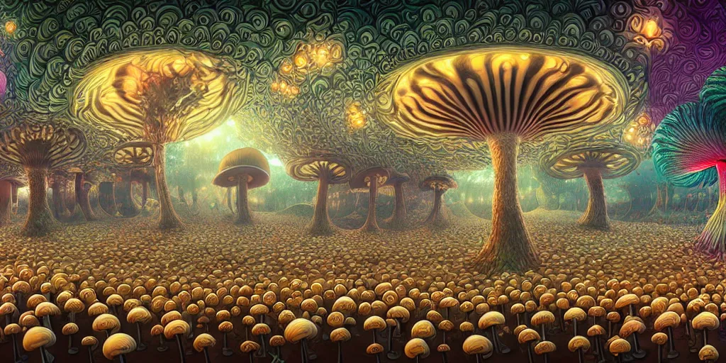 Image similar to 360 degree panoramic, anthropomorphic mushroom carnival attractions portrait, Art Deco nature, fantasy, intricate art deco mushroom designs, elegant, highly detailed fractals, sharp focus, fractal big top, equirectangular, 360, panoramic equirectangular, art by Artgerm and beeple and Greg Rutkowski and WLOP