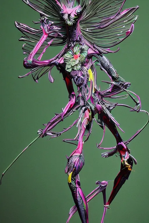 Image similar to a slim intricate super detailed anime character with fluo color detail, and muted arm colors, that looks like a insect, on top of a painting of plastic synthetic ionized metal flower sculptures