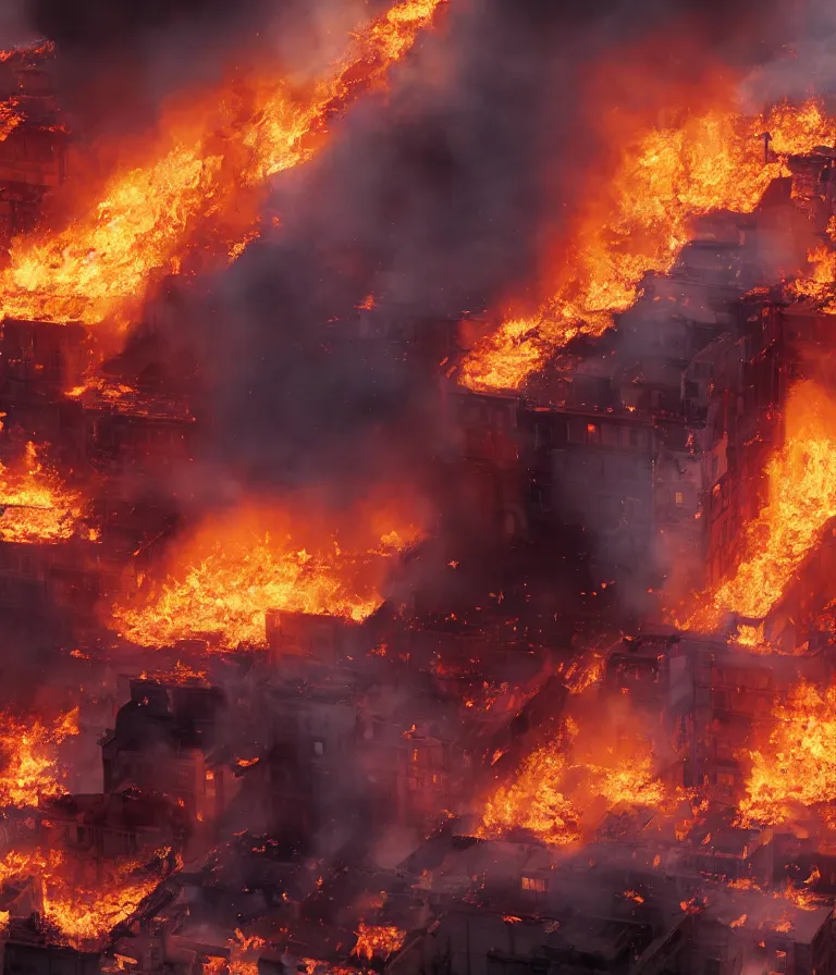 Image similar to a beautiful hyperrealistic detailed 3D render of a firey riot, by Anton Otto Fischer, Atey Ghailan, genzoman, unreal engine, octane render, gigantic, 3D, brilliantly coloured, intricate, ultra wide angle, trending on artstation, embers, smoke, dust, dusk, volumetric lighting, HDR, polished, micro details, ray tracing, 8k