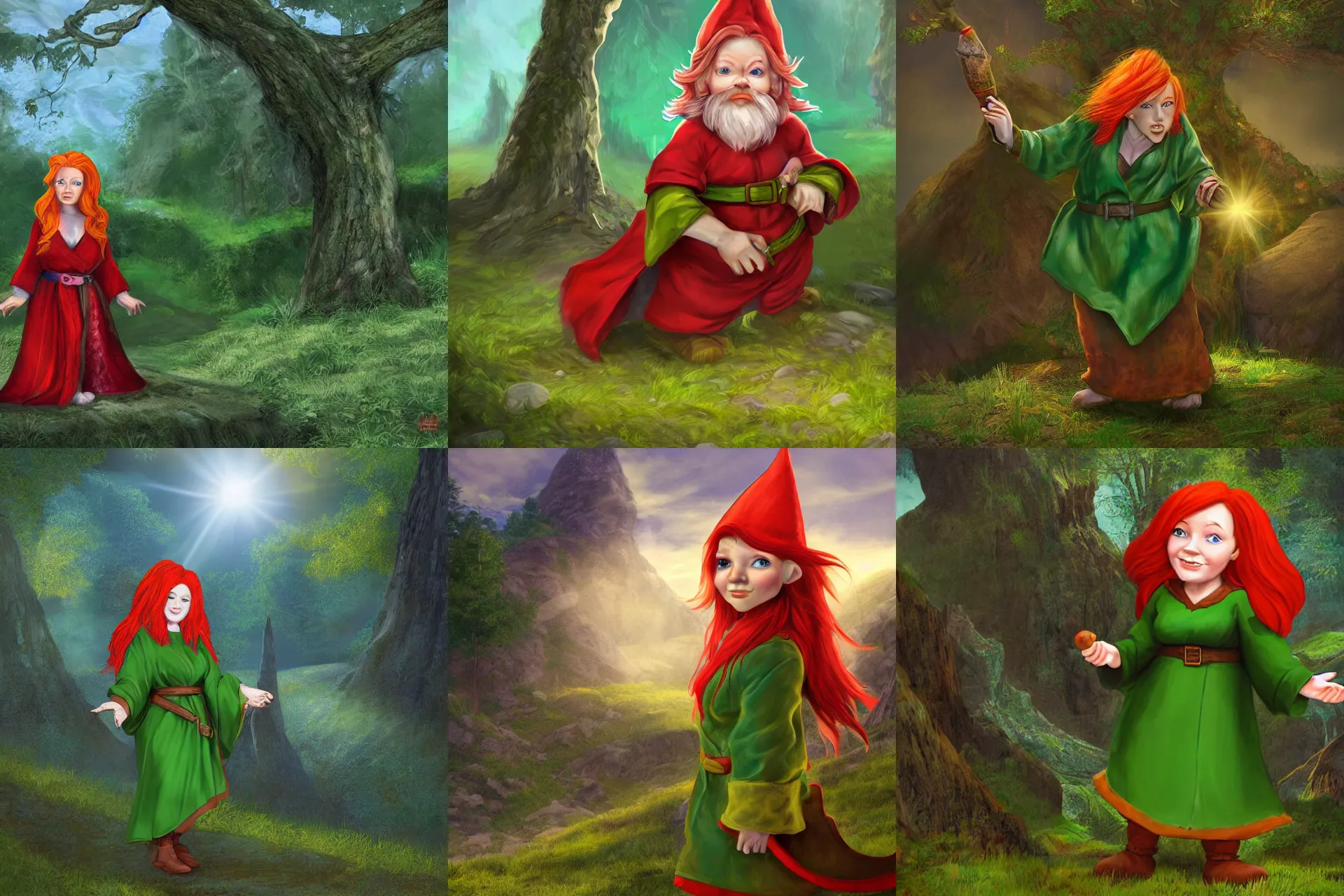 Prompt: digital art of female red - headed fantasy gnome in green robe posing with arms out in sunlit valley, surrounded by motes of blue light