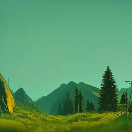 Image similar to green mountains, by simon stalenhag