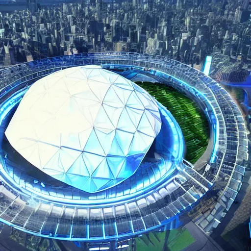 Prompt: a futuristic stadium in the middle of a city, hexagonal shaped, hexadome, blue energy field dome, unreal engine, epic lighting, crowd cheering