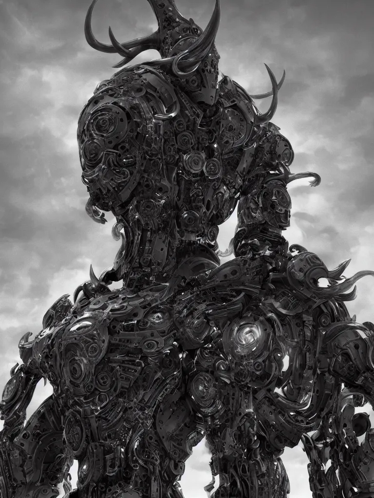 Image similar to Techno-God is an ancient mechanical gray chaotic giant horned humanoid, digital art, 16k, hyperrealism, high detail, ray tracing, concept art, octane render