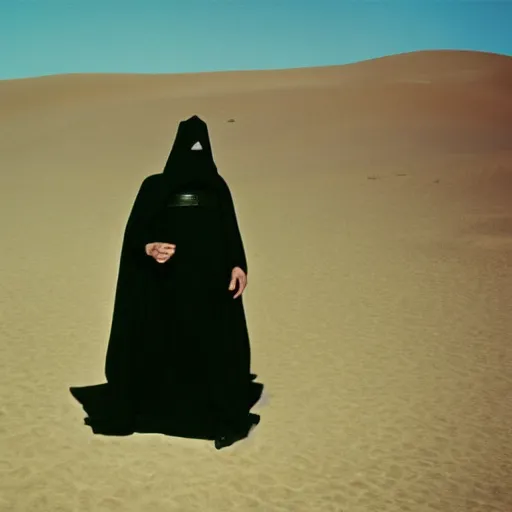 Prompt: a man wearing a long cloak and gasmask, in the desert, film still, arriflex 35