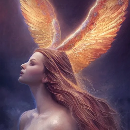 Image similar to majestic gracious regal radiating female winged angel portrait, atmospheric lighting, painted, ethereal, intricate, volumetric lighting, beautiful, rich deep colours masterpiece, golden hour, sharp focus, ultra detailed, by leesha hannigan, ross tran, thierry doizon, kai carpenter, ignacio fernandez rios