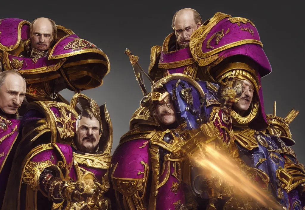 Image similar to portrait of vladimir putin as emperor and dmitryi medvedev as fulgrim in warhammer 4 0 k, 4 k, 8 k, octane render