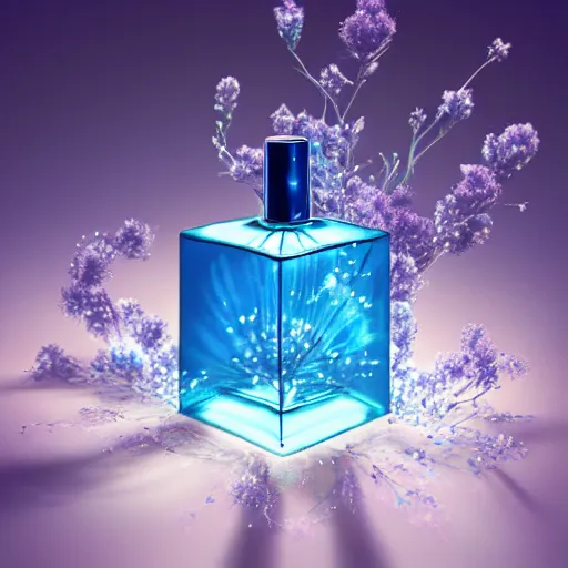 Image similar to photorealistic blue perfume bottle surrounded by plethora of blue flowers, lonely world still shining through faintly rainbow led lights, beautiful surreal scenery artwork pixiv. soul dust. unthinkable dream sublime god lighting, sun rays, cold colors. insanely detailed, artstation!! pixiv!! infinitely detailed created by god