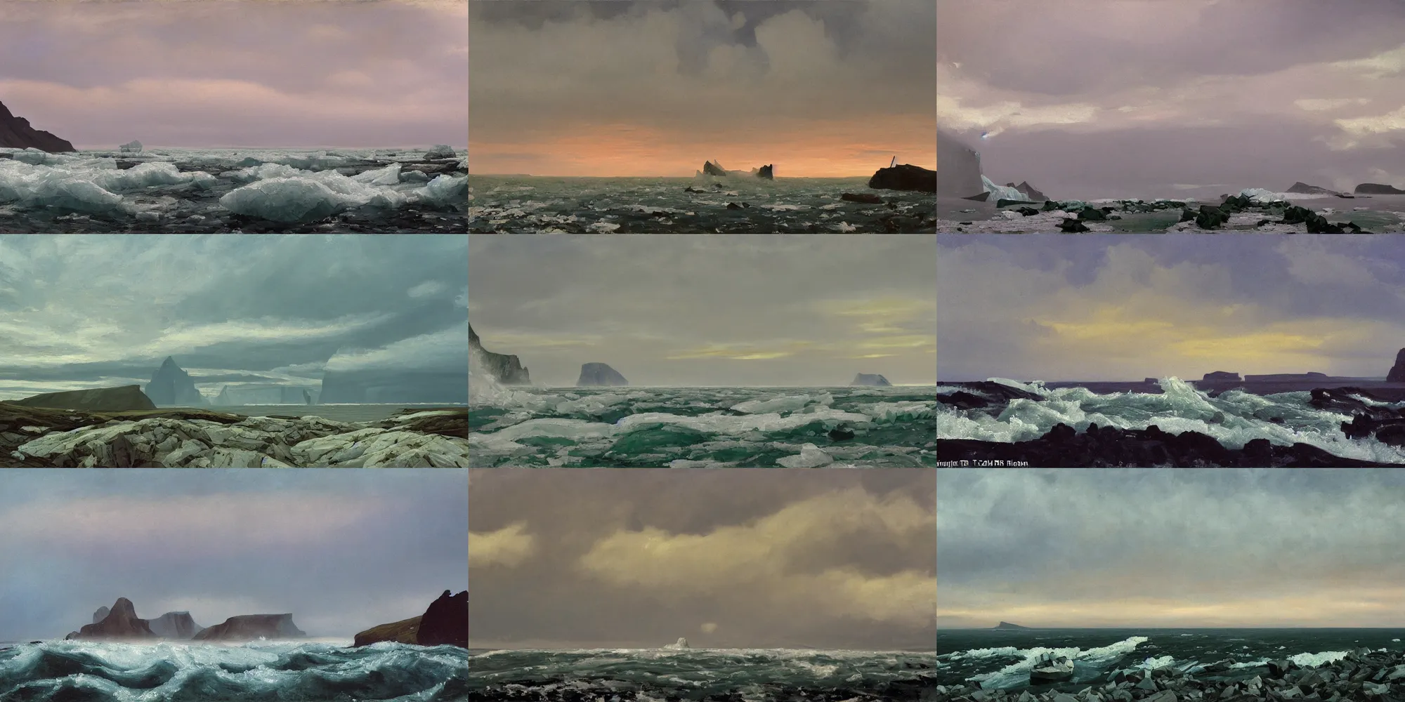 Prompt: painting in the style of Isaac Levitan, Savrasov, Arkhip Kuindzhi and Frederick Judd Waugh, T Allen Lawson and Ian Fisher and Sidney Richard Percy, sea storm and big waves under high cliffs, icebergs greenland, iceland glacier, coast, strong wind, norway fjords, road to the small village at sunset sunrise, foggy day, low clouds after rain, wet grass and black stones, dream heavenly cloudy sky, horzon, hurricane stromy clouds, volumetric lighting, very beautiful scenery, pastel colors, ultra view angle view