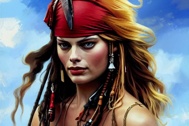 Image similar to Margot Robbie as Jack Sparrow pirate, elegant, sun shines in the sky, blood in the seahighly, detailed, digital painting, artstation, concept art, smooth, sharp focus, illustration, art by artgerm and greg rutkowski and alphonse mucha