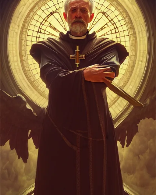 Image similar to realistic wide angle portrait of a nasty bishop, cross, evil, heroic pose, beautiful face, bible, full body, dramatic lighting, intricate, wild, highly detailed, digital painting, artstation, concept art, smooth, sharp focus, illustration, art by artgerm and greg rutkowski and alphonse mucha, footage from space camera