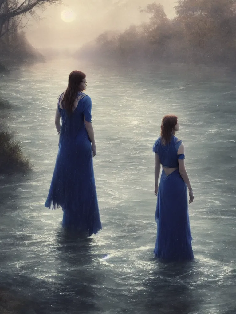 Image similar to a vintage photo of one sad female standing in the river, gloomy, strong subsurface scattering, cobalt blue gemstones floating in the river, art by greg rutkowski