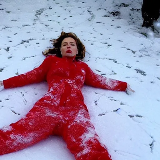 Prompt: scarlett johanasson making a snow angel, symmetric!!!!! - n 9