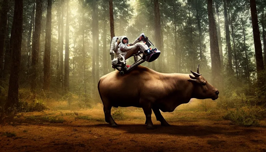 Image similar to american astronaut in the forest riding a bull, objects well lit, plants environment, wide angle, cinematic lighting, atmospheric, realistic, octane render, highly detailed, color graded, in the style of craig mullins